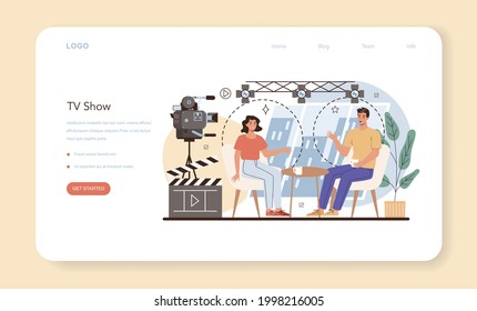 TV presenter web banner or landing page. Television host in studio. Broadcaster speaking on camera, reporting news. Isolated vector illustration