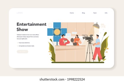 TV presenter web banner or landing page. Television host in a studio doing an entertaining show. Broadcaster speaking on camera, reporting news. Isolated vector illustration