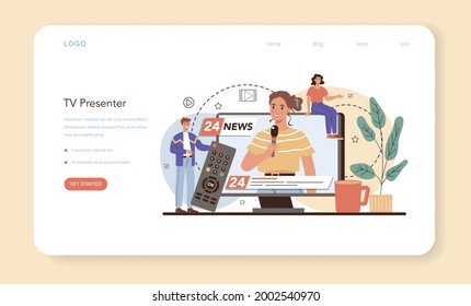 Banner web o página de inicio del presentador de TV. Presentador de televisión en estudio. Transmisor hablando en cámara, informando noticias. Ilustración vectorial aislada