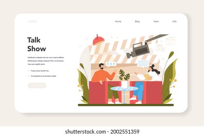 TV presenter web banner or landing page. Television host in a studio doing a talk show. Broadcaster speaking on camera, interviewing a guest. Isolated vector illustration