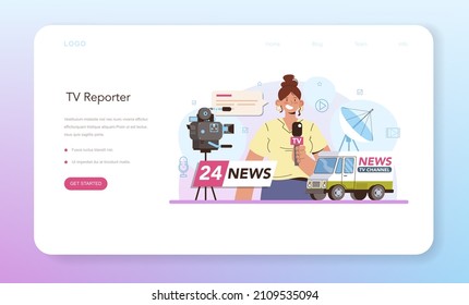 TV presenter web banner or landing page. Television host in a studio doing an entertaining show. Broadcaster speaking on camera, reporting news. Isolated vector illustration