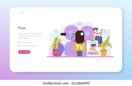 TV presenter web banner or landing page. Television host in a studio doing an entertaining show. Broadcaster speaking on camera, reporting news. Isolated vector illustration