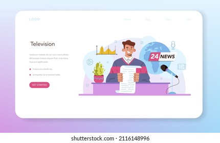 TV presenter web banner or landing page. Television host in a studio doing an entertaining show. Broadcaster speaking on camera, reporting news. Isolated vector illustration