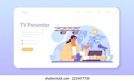 TV presenter web banner or landing page. Journalist in a studio hosting an entertaining or informative show. Broadcaster speaking on camera, reporting news. Flat vector illustration