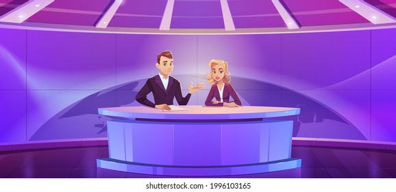 Tv presenters broadcasting news in modern television studio with earth globe on huge panoramic screen. Anchorman and woman newscasters reporting program sitting at desk, Cartoon vector illustration