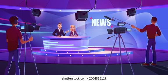 Tv presenters broadcasting news in modern television studio with cameraman, light equipment and earth on huge panoramic screen. Anchorman and newscaster reporting program, Cartoon vector illustration