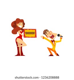 TV presenters with check for one million dollars, lottery, quiz show concept vector Illustration on a white background