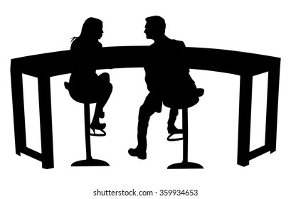 Tv presenters in tv studio vector silhouette isolated on white background. Couple of tv presenters in love vector illustration. Couple at the pause  sits in the restaurant. Coffee break.