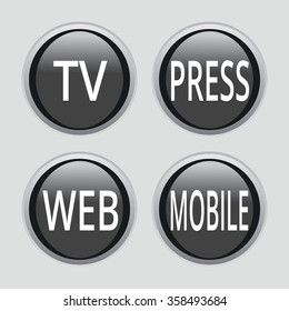 TV, PRESS, MOBILE and WEB buttons. button icons on grey background. vector illustration