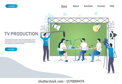 Tv production vector website template, web page and landing page design for website and mobile site development. Television show, live news broadcasting production.