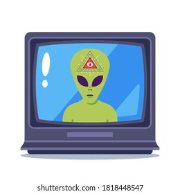 Programa de televisión sobre extraterrestres y albañiles. propaganda para la población. ilustración vectorial plana.