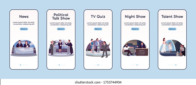 TV programming onboarding mobile app screen flat vector template. Television industry walkthrough website steps with characters. UX, UI, GUI smartphone cartoon interface, case prints set
