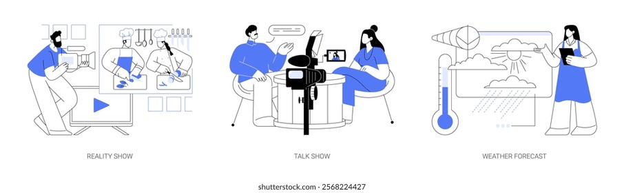 TV programs isolated cartoon vector illustrations set. Diverse people prepare food, shooting culinary reality show, host talks to guest in studio, weather forecast, meteo report vector cartoon.