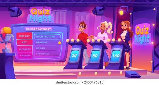 Tv quiz contest game show in studio with stage and character cartoon vector. Trivia competition program for television with question on screen and people guess answer. Live entertainment event