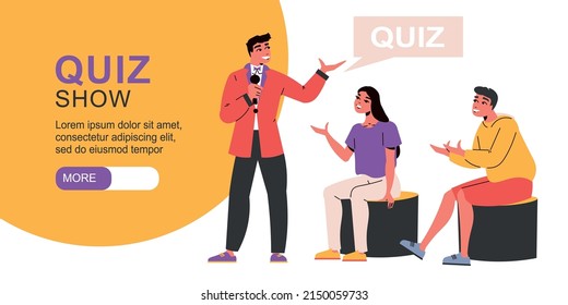 Tv quiz flat horizontal web banner with male host and two participants answering questions vector illustration