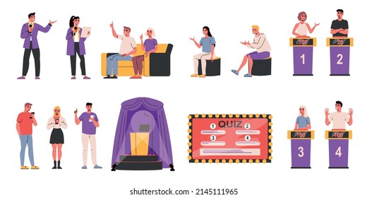 Tv quiz icon set players and presenters task cards stage and pedestals for participants vector illustration