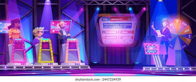 Tv quiz show. Contest game in studio with stage vector background. Trivia television program interior design. Live event room for media project with woman and man. People guess puzzle entertainment