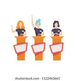 TV quiz show, female players answering questions standing at stand with buttons vector Illustration on a white background