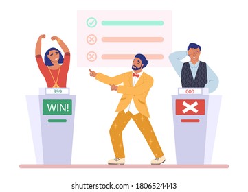 TV Quiz Show With Host And Two Participants, Clever Boy And Girl Answering Questions, Flat Vector Illustration. Contestants Playing Quiz Game Show On Television. Happy Girl Winning Competition.