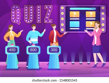 TV Quiz Show with Participants who Answer Questions and Will get Points From the Host on the Studio in Cartoon Illustration