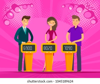 TV quiz show. People, players answer questions. Cartoon vector illustration