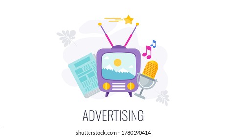 TV, radio and newspaper advertising. Outbound marketing. Traditional marketing and promotion. Flat vector cartoon illustration.