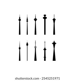 Coleção de ícones de vetor de torre de rádio e TV. Contornos isolados em preto e branco e pacote de logotipo para web design, infográficos