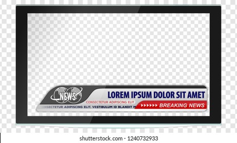 TV realistic flat screen lcd, plasma with news bars for Video headline title or lower third. Isolated on transparent background. Mock Up Template.