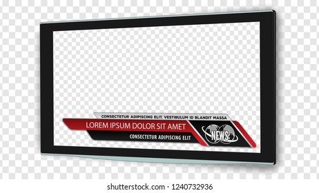 TV realistic flat screen lcd, plasma with news bars for Video headline title or lower third. Isolated on transparent background. Mock Up Template.