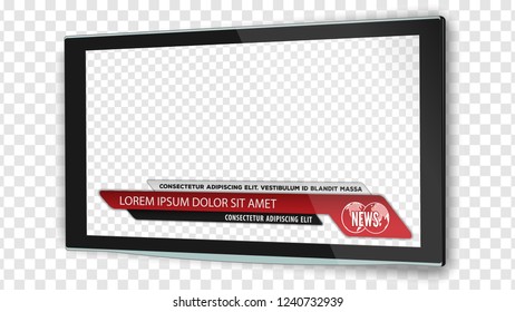 TV realistic flat screen lcd, plasma with news bars for Video headline title or lower third. Isolated on transparent background. Mock Up Template.