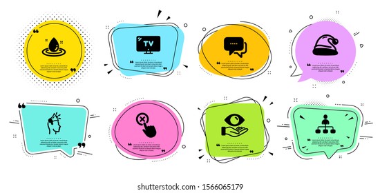 Tv, Reject click and Santa hat line icons set. Chat bubbles with quotes. Message, Brand ambassador and Health eye signs. Management, Fuel energy symbols. Television, Delete button. Vector