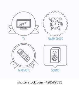 TV remote, alarm clock and sound icons. Widescreen TV linear sign. Award medal, star label and speech bubble designs. Vector
