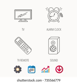 TV remote, alarm clock and sound icons. Widescreen TV linear sign. Calendar, Graph chart and Cogwheel signs. Download colored web icon. Vector