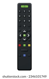 Tv remote control design with buttons. Wireless power media device to switch channel programmes remotely. Universal controller of technology equipment, isolated vector illustration