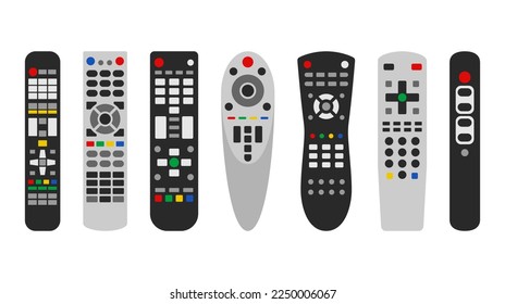 TV remote control device different shape set on white background. Television technology channel surfing equipment with buttons distance media keyboard communication controller technology. Vector