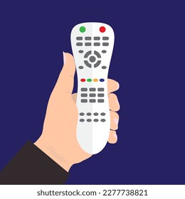 TV remote control device isolated in hand on blue background Television technology channel surfing equipment with icon buttons Technology Telecommunication Keyboard. Vector.