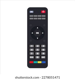 TV remote control device isolated on white background Television technology channel surfing equipment with icon buttons Technology Telecommunication Keyboard. Vector.