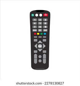 TV remote control device isolated on white background Television technology channel surfing equipment with icon buttons Technology Telecommunication Keyboard. Vector.