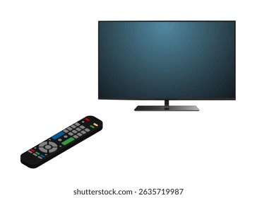 TV com ilustração plana de controle remoto. Clipart isolado de eletrodomésticos. Tecnologias inteligentes modernas. Home gadgets, dispositivos vetor elemento de design. Televisão, cinema em casa. Ilustração de estoque
