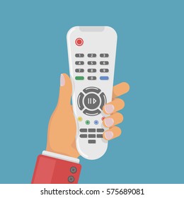 TV remote control in hand. Colorful vector illustration in flat style.