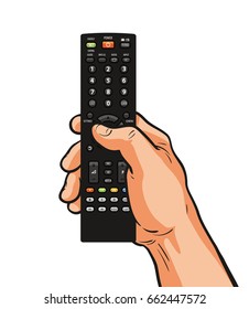 TV remote control in hand. Television, video, film, movie concept. Cartoon vector illustration