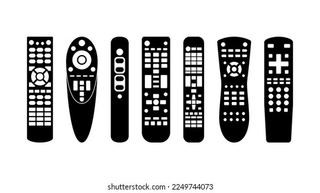 TV remote control icons device different shape set on white background. Television technology channel surfing equipment with buttons distance media keyboard communication controller technology. Vector