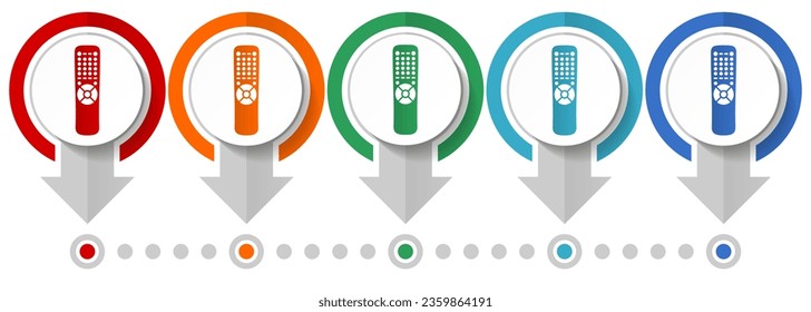 Tv remote control, television vector icon set, flat design infographic template, set pointer concept icons in 5 color options for webdesign and mobile applications