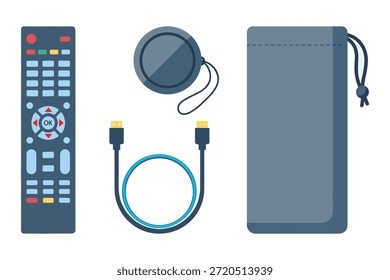 Ilustração vetorial de controle remoto de TV. Conjunto de cabos e alto-falantes multimídia. Carregando acessório da bolsa. Equipamento digital. Tecnologia de entretenimento.