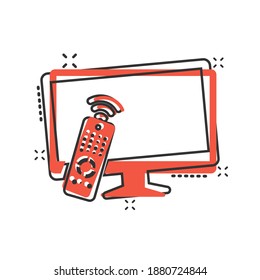 Tv remote icon in comic style. Television cartoon sign vector illustration on white isolated background. Broadcast splash effect business concept.