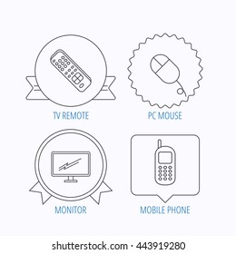 TV remote, PC mouse and mobile phone icons. Monitor TV linear sign. Award medal, star label and speech bubble designs. Vector