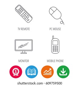TV remote, PC mouse and mobile phone icons. Monitor TV linear sign. Award medal, growth chart and opened book web icons. Download arrow. Vector