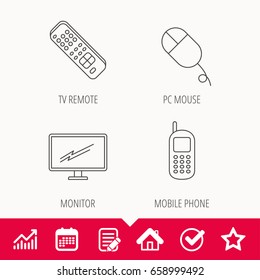 TV remote, PC mouse and mobile phone icons. Monitor TV linear sign. Edit document, Calendar and Graph chart signs. Star, Check and House web icons. Vector