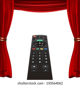 tv remote and red curtain