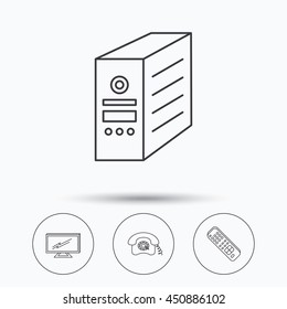 TV remote, retro phone and TV remote icons. Widescreen TV linear sign. Linear icons in circle buttons. Flat web symbols. Vector